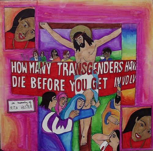 Transgender Day of Remembrance spiritual art shows transwoman crucified in LGBT Stations of the Cross by Mary Button