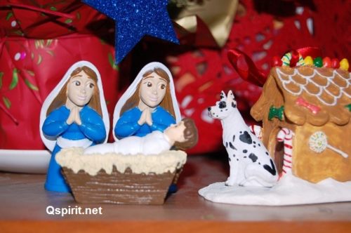 Queer Nativity - Lesbian Nativity with Dog from the Love Makes a Holy Family series by Kittredge Cherry