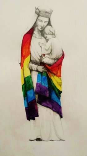 Madonna and child with rainbow flag by Richard Stott