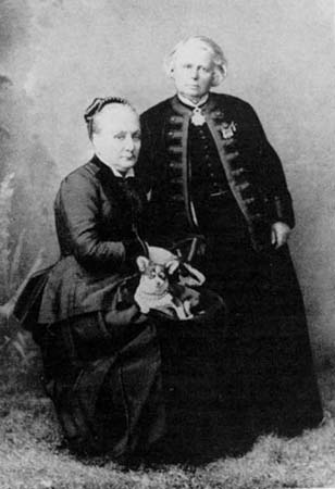 Rosa Bonheur (standing) and her longtime companion Natalie Micas, 1882, in Nice, France 