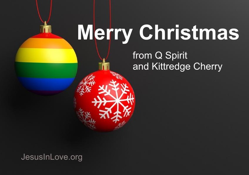 Merry Christmas and a gay shepherd cartoon from  Q Spirit and Kittredge Cherry