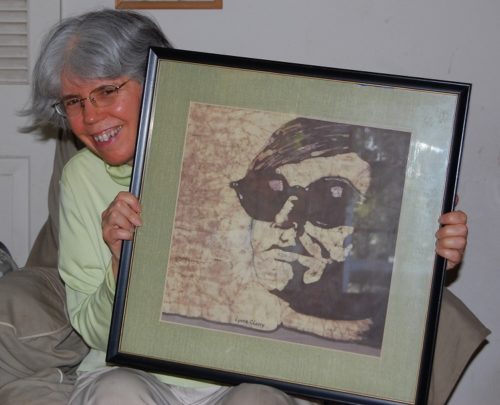 Kittredge Cherry with her batik of Andy Warhol