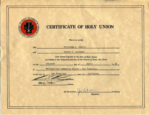 Holy Union Certificate 11 April 1987 