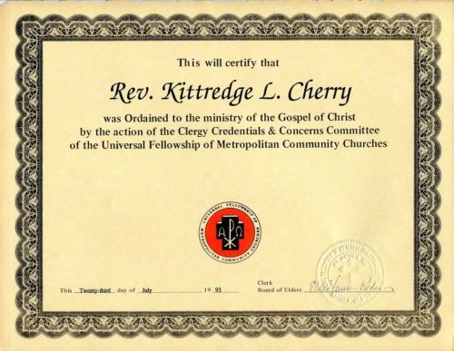 Kitt MCC Ordination certificate 1993-7-23