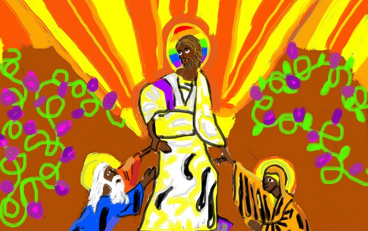Happy Easter from Kittredge Cherry and Q Spirit! See “Resurrection of Rainbow Christ Sophia”